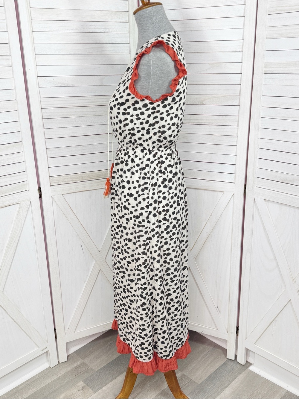 THML Animal Print Ruffle Trim Midi Dress Sundress Ivory Black XS Leopard Cottage - Picture 2 of 12